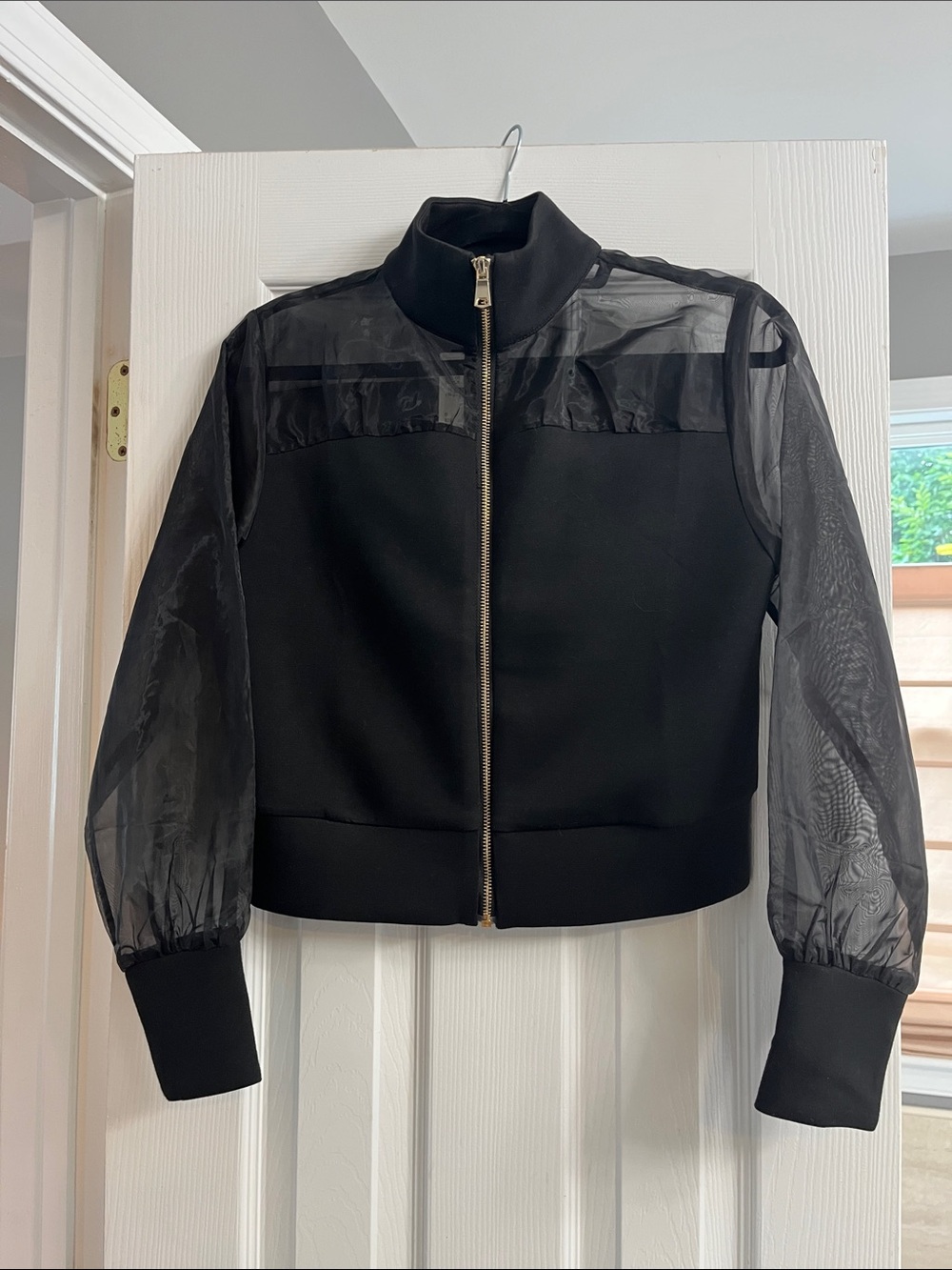 GRACIA NWT Black Women's Sheer-Sleeve Zip-Front Bomber Jacket